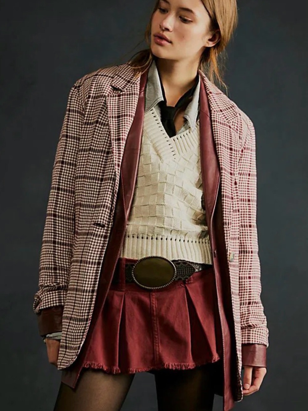 We The Free Houndstooth Beckett Boyfriend Blazer Red Burgundy Size S NWT